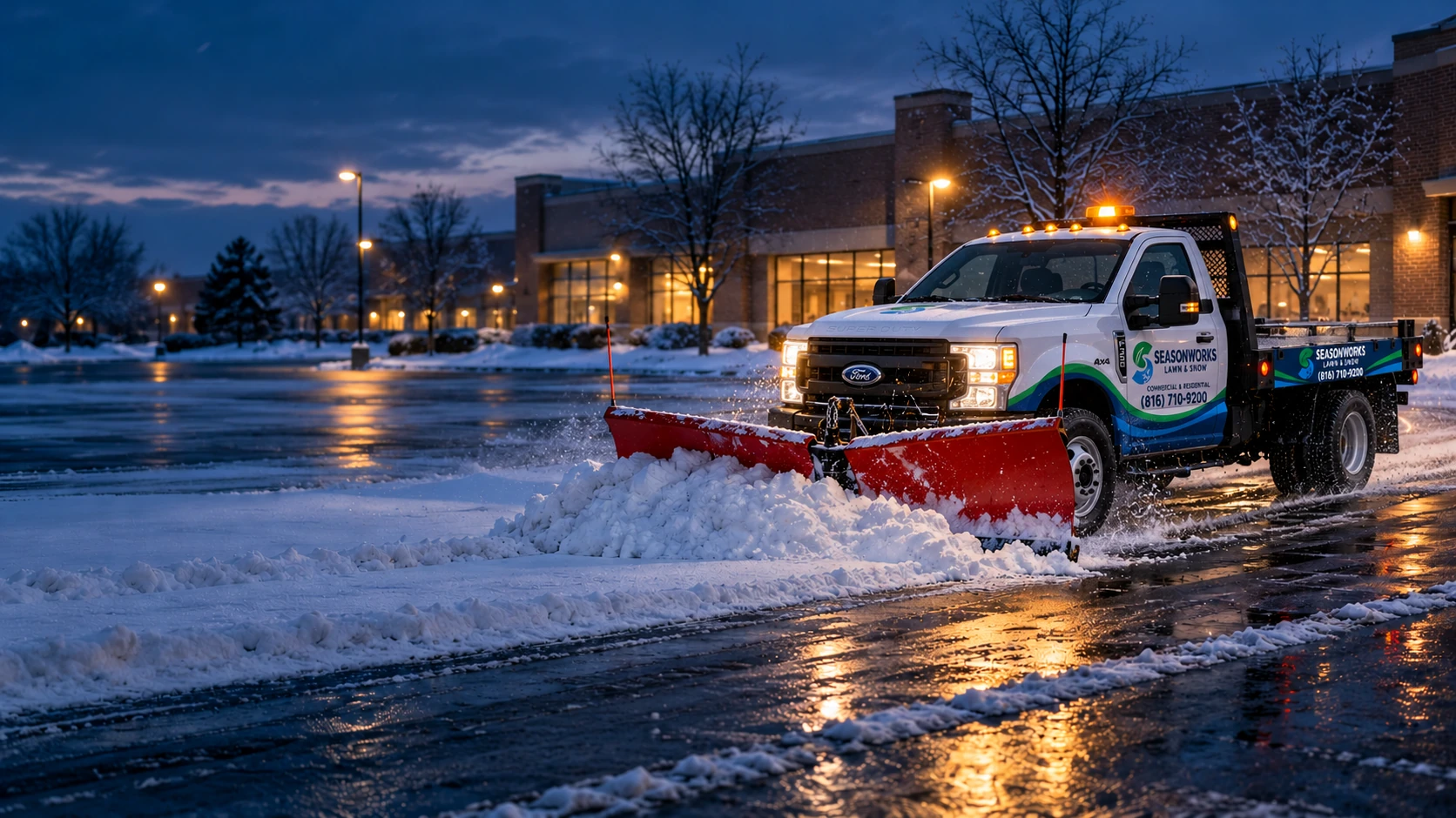Illustrative winter scene of the wrapped Seasonworks Ford F-350 plowing a snowy commercial parking lot
